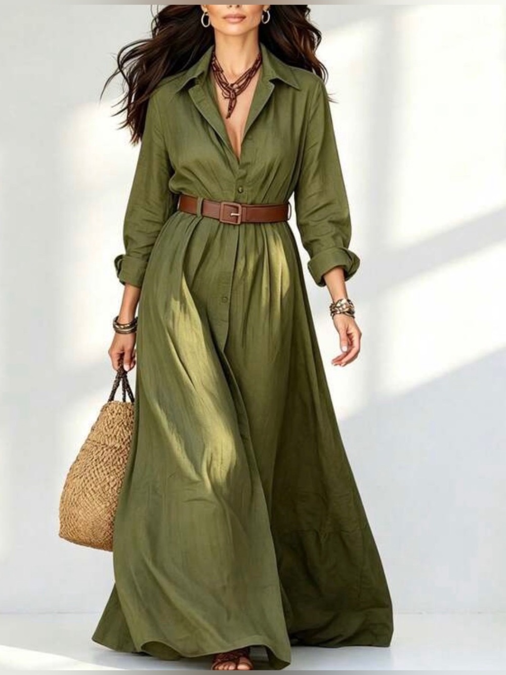 Olive Green Button-Front Maxi Shirt Dress with Belt